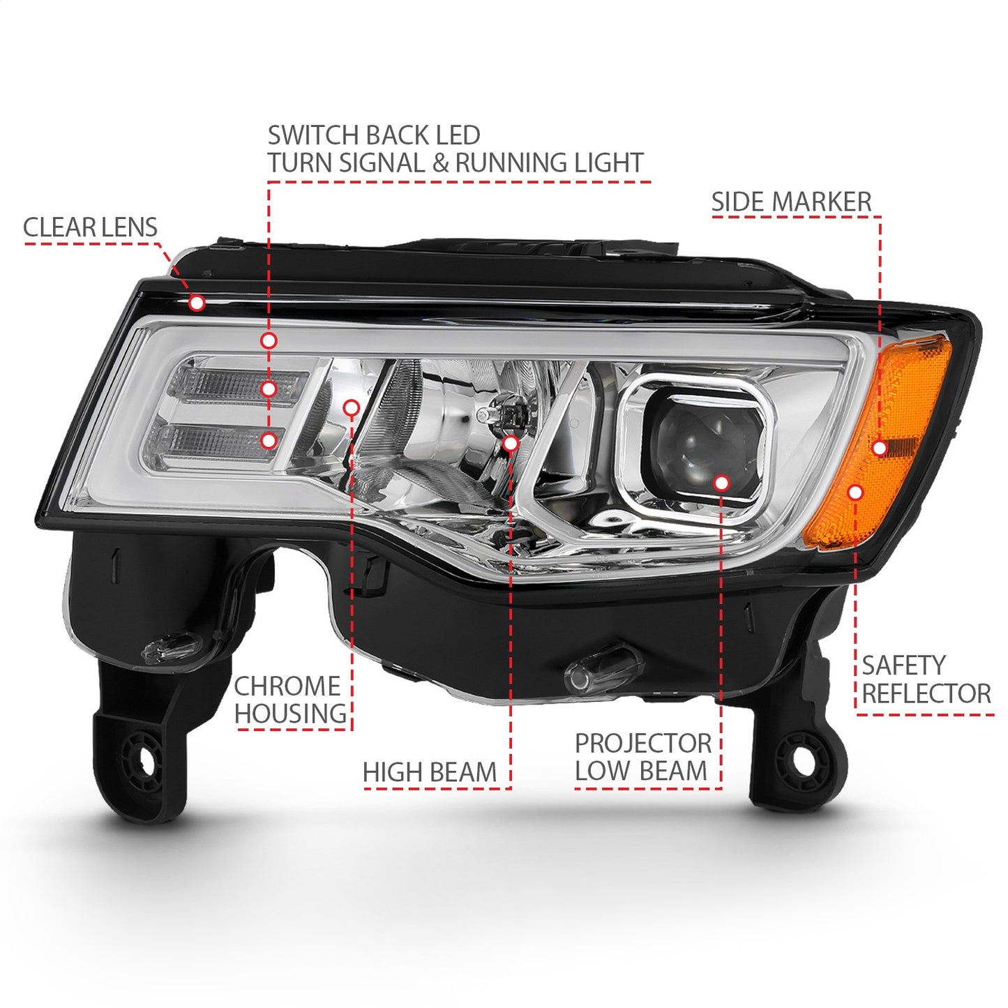 Anzo USA | Projector Headlight Set w/Plank Style Switchback Chrome w/Amber Pair | Fits Grand Cherokee | 111419