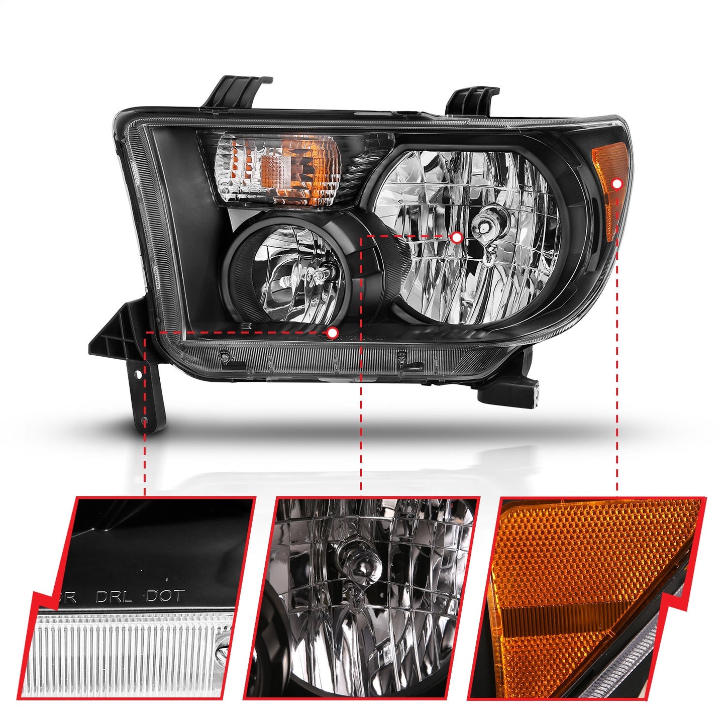 Anzo USA | Crystal Headlight Set Clear Lens Black w/Amber Housing Pair | Fits Tundra | 111436