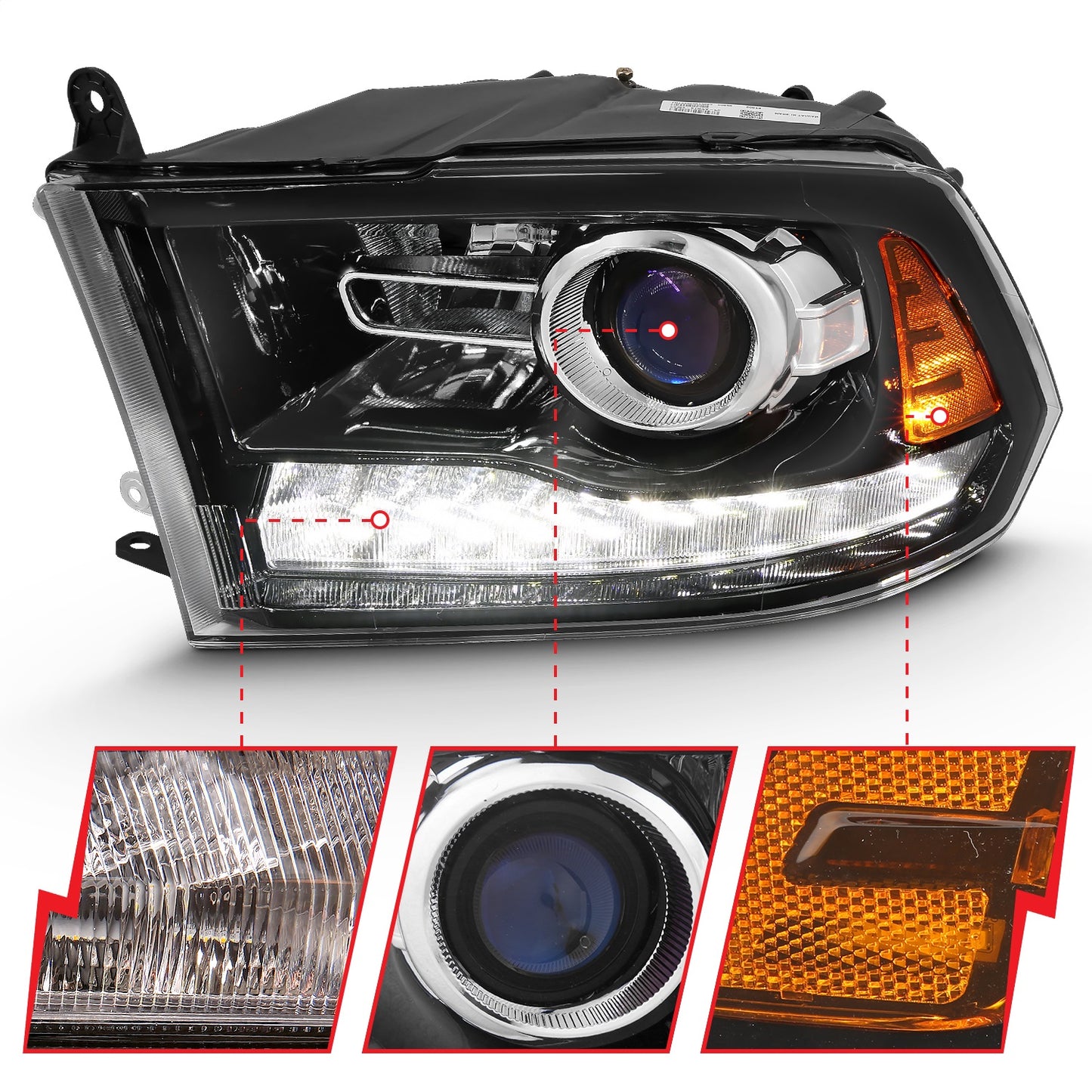 Anzo USA | Projector Headlight Set w/Halo Amber Lens Black Housing Pair w/Plank Style Switchback | Fits Ram 1500 | 111439