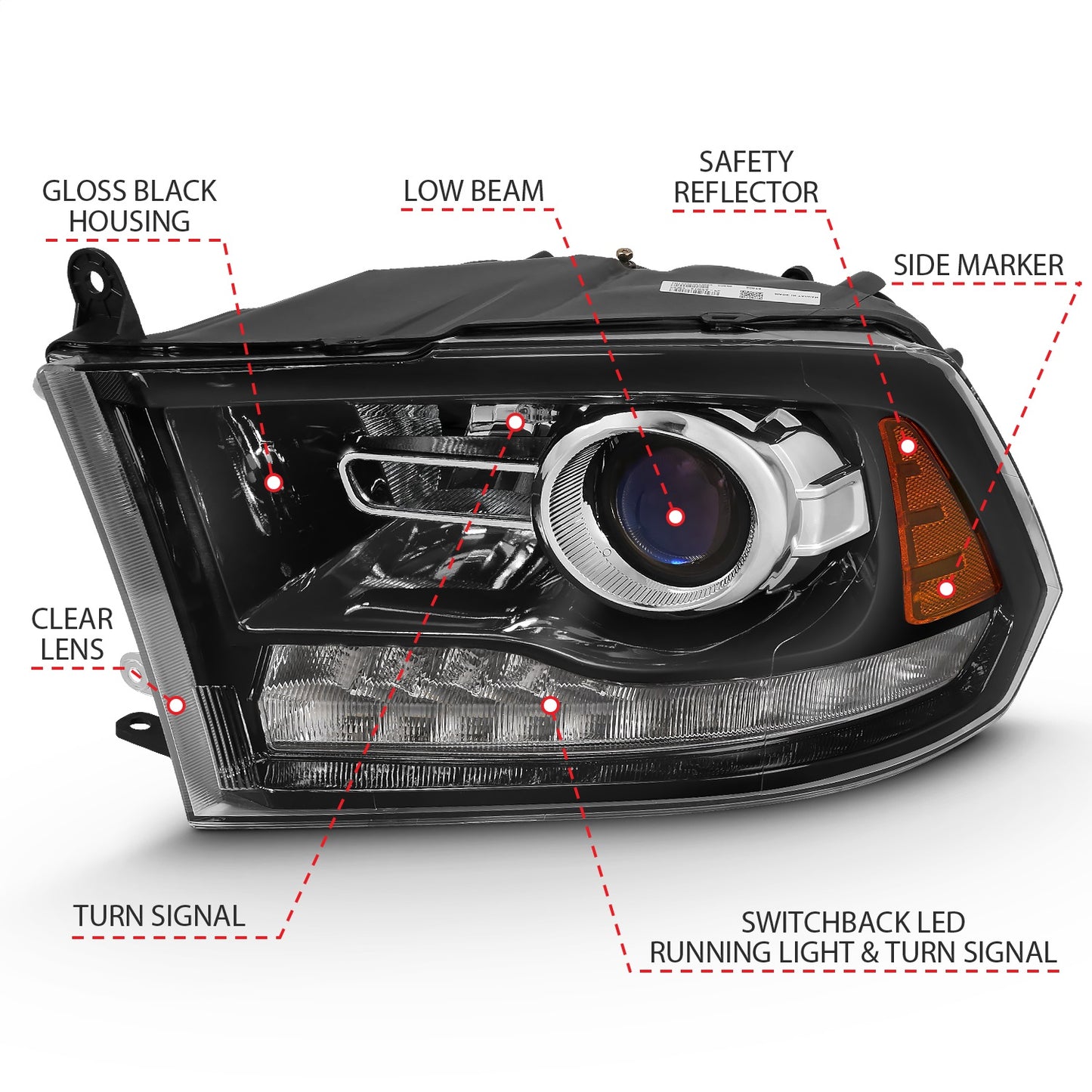 Anzo USA | Projector Headlight Set w/Halo Amber Lens Black Housing Pair w/Plank Style Switchback | Fits Ram 1500 | 111439