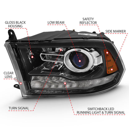 Anzo USA | Projector Headlight Set w/Halo Amber Lens Black Housing Pair w/Plank Style Switchback | Fits Ram 1500 | 111439