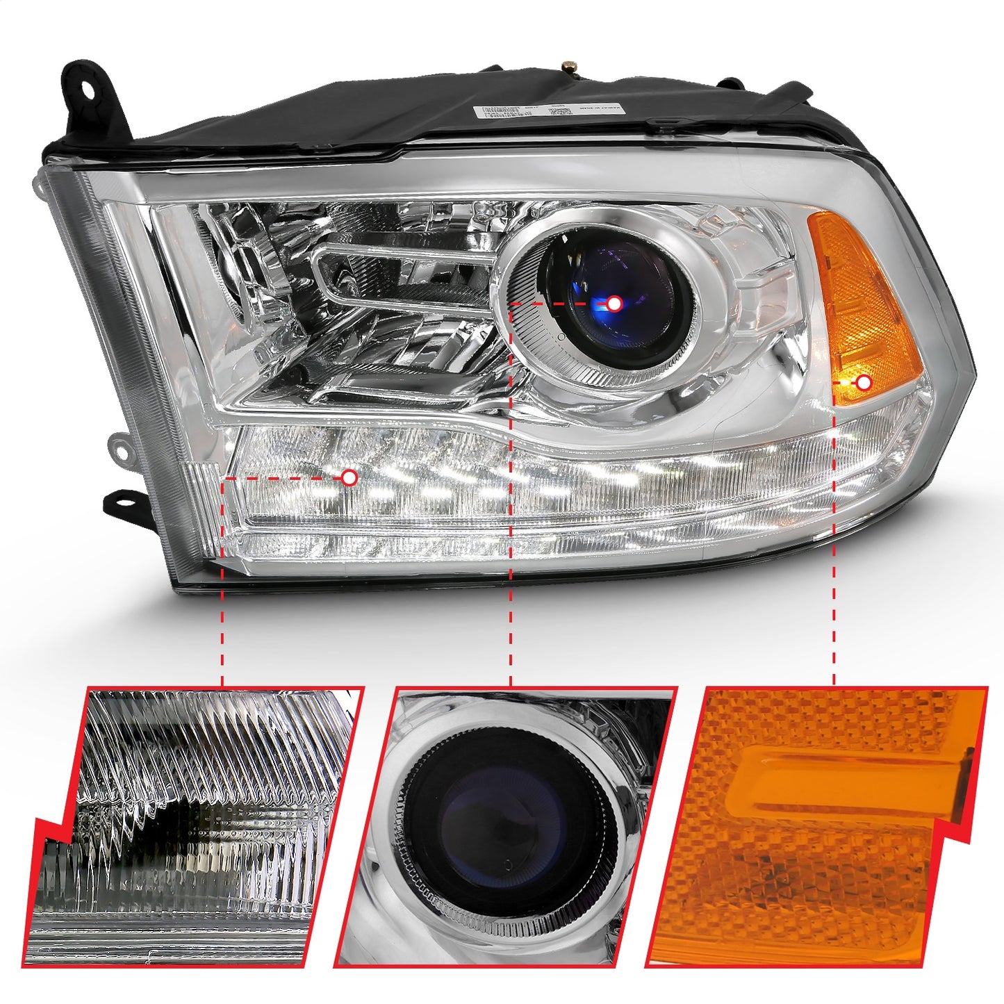 Anzo USA | Projector Headlight Set w/Halo Amber Lens Chrome Housing Pair w/Plank Style Switchback | Fits Ram 1500 | 111440