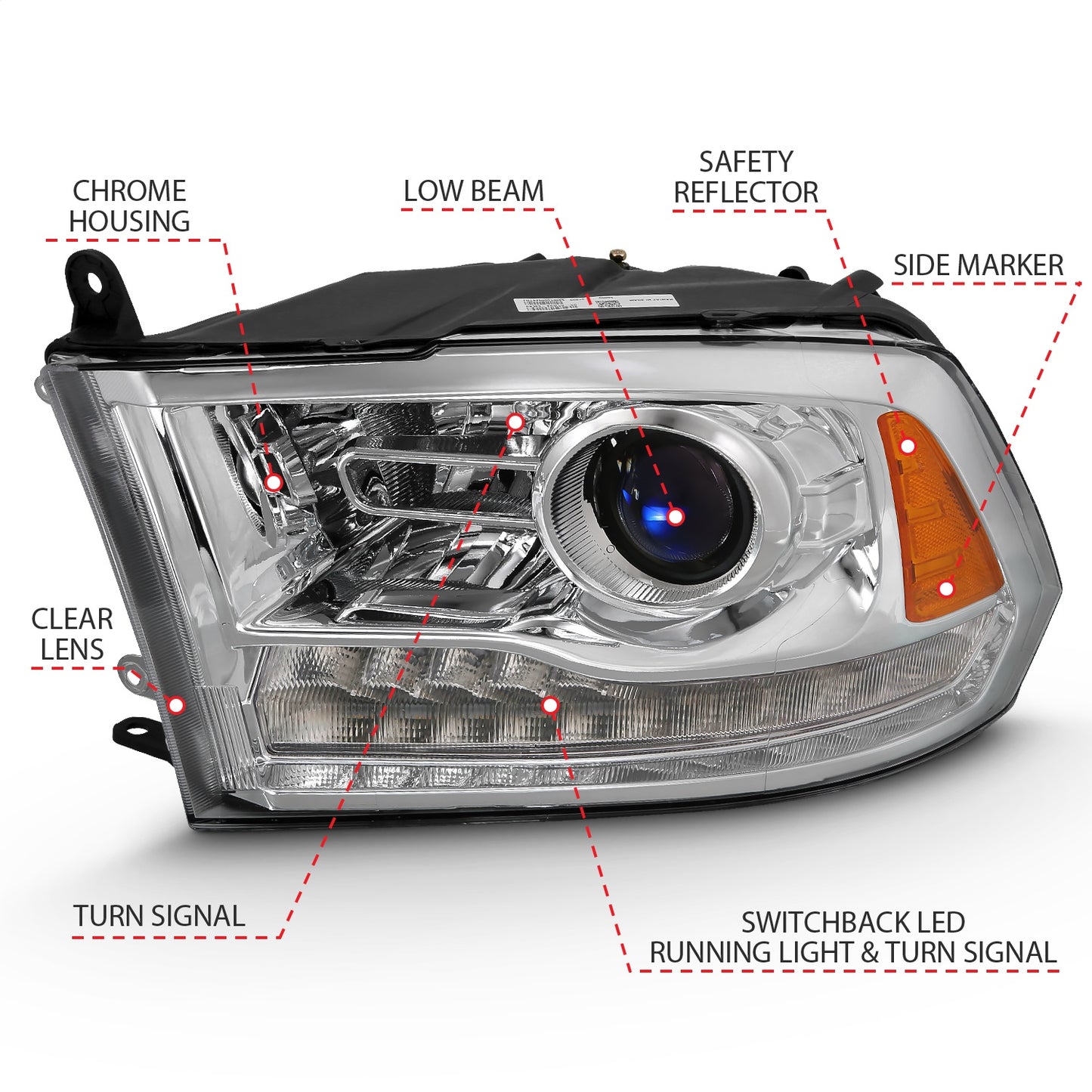 Anzo USA | Projector Headlight Set w/Halo Amber Lens Chrome Housing Pair w/Plank Style Switchback | Fits Ram 1500 | 111440