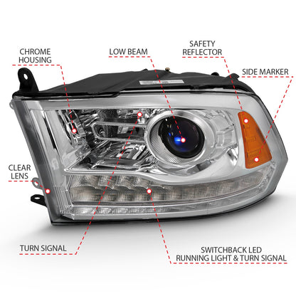 Anzo USA | Projector Headlight Set w/Halo Amber Lens Chrome Housing Pair w/Plank Style Switchback | Fits Ram 1500 | 111440