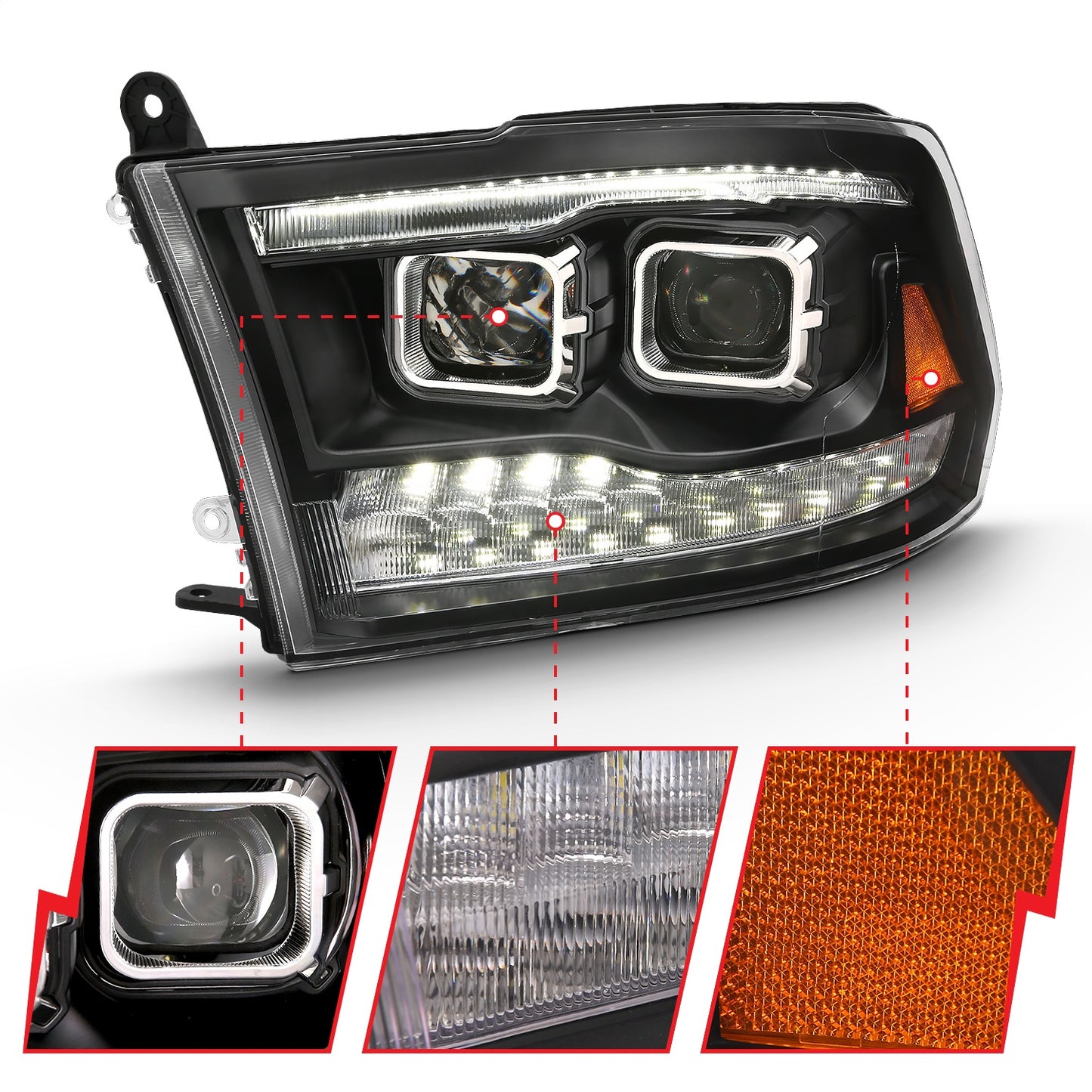Anzo USA | Projector Headlight Set w/Switchback Black w/Amber Pair | Fits Ram 1500 | 111441