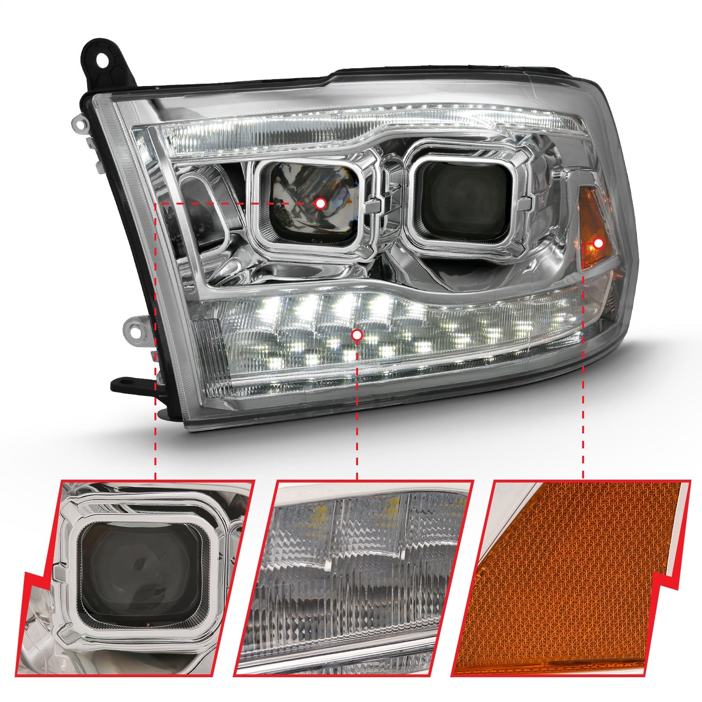 Anzo USA | Projector Headlight Set w/Switchback Chrome w/Amber Pair | Fits Ram 1500 | 111442