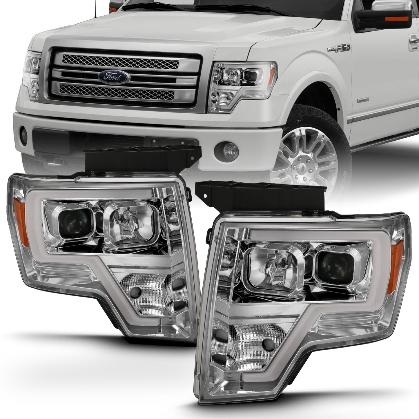 Anzo USA | Projector Headlight Set Clear Lens Chrome w/Amber Housing Pair w/Plank Style Design | Fits F-150 | 111444
