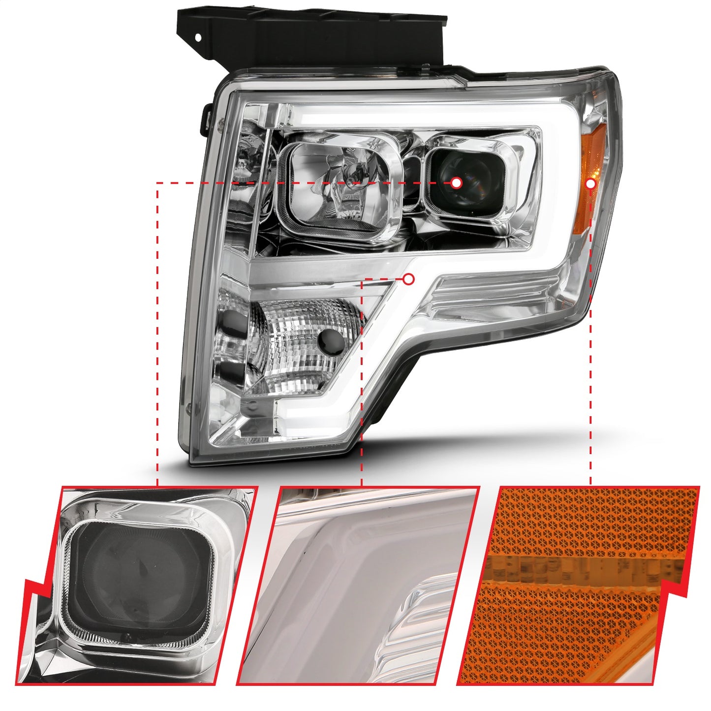 Anzo USA | Projector Headlight Set Clear Lens Chrome w/Amber Housing Pair w/Plank Style Design | Fits F-150 | 111444