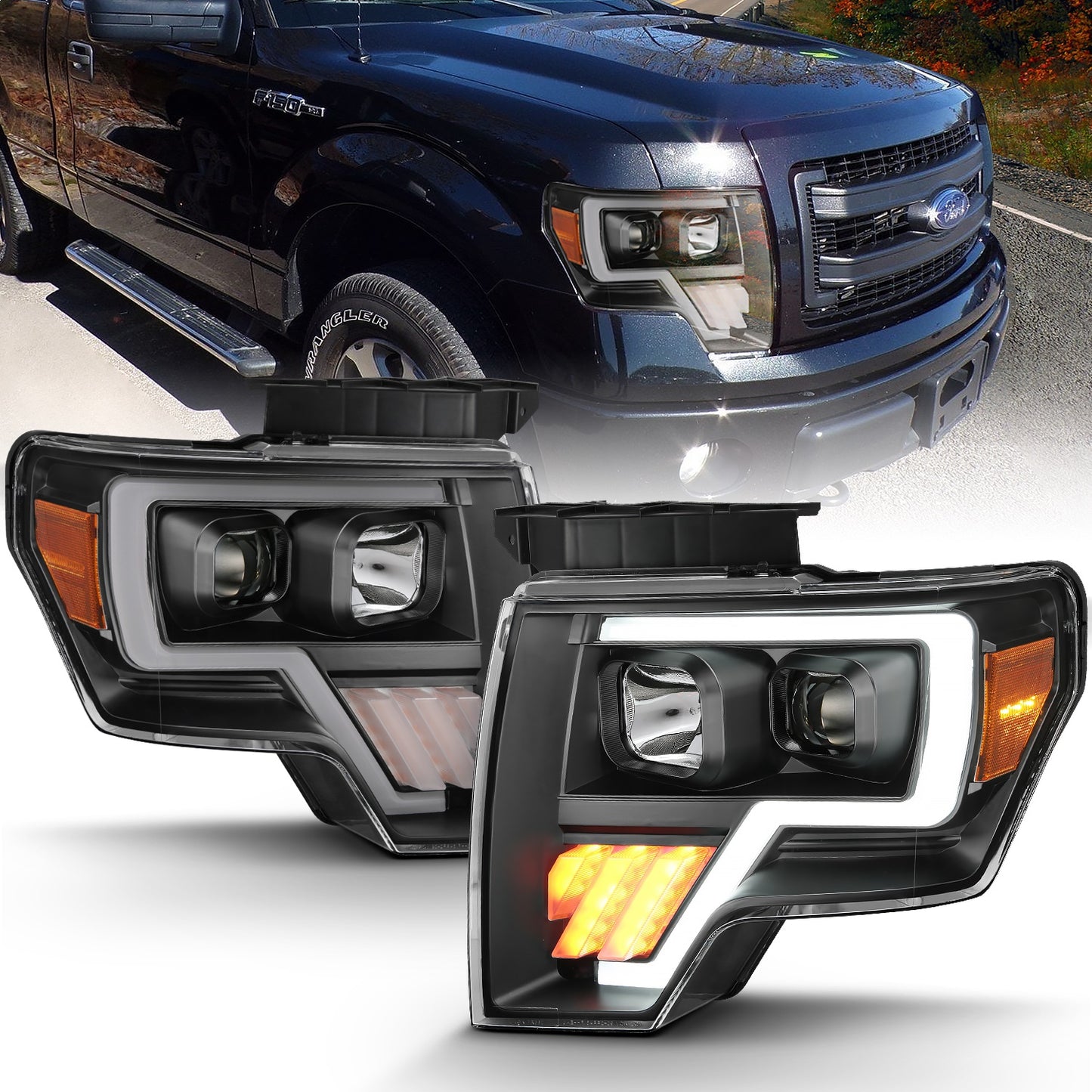 Anzo USA | Projector Headlight Set Light Bar G4 H.L. Black Amber Pair | Fits F-150 | 111445