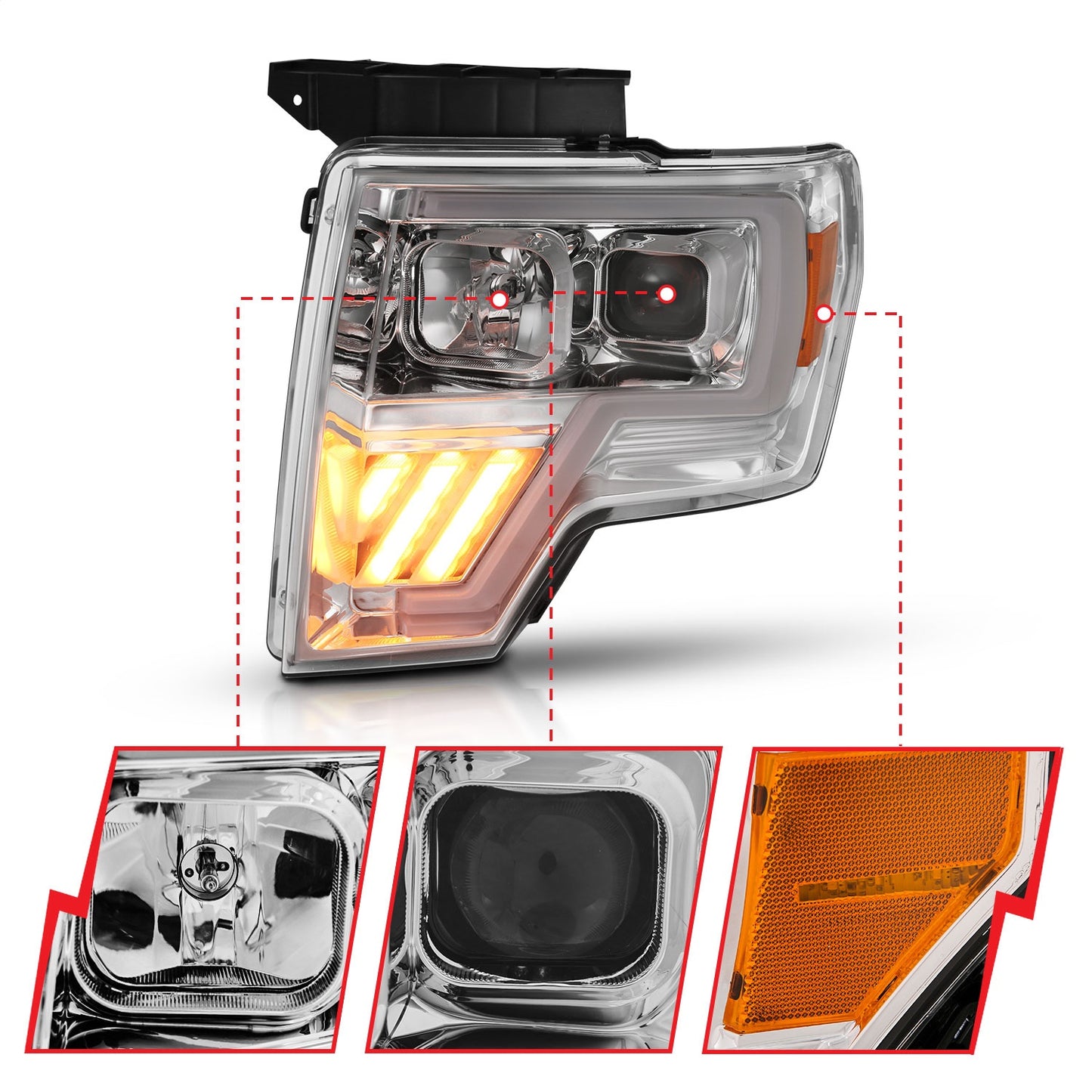 Anzo USA | Projector Headlight Set Clear Lens Chrome w/Amber Housing Pair | Fits F-150 | 111446