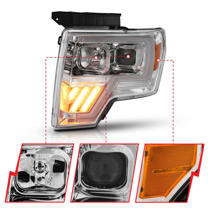 Anzo USA | Projector Headlight Set Clear Lens Chrome w/Amber Housing Pair | Fits F-150 | 111446