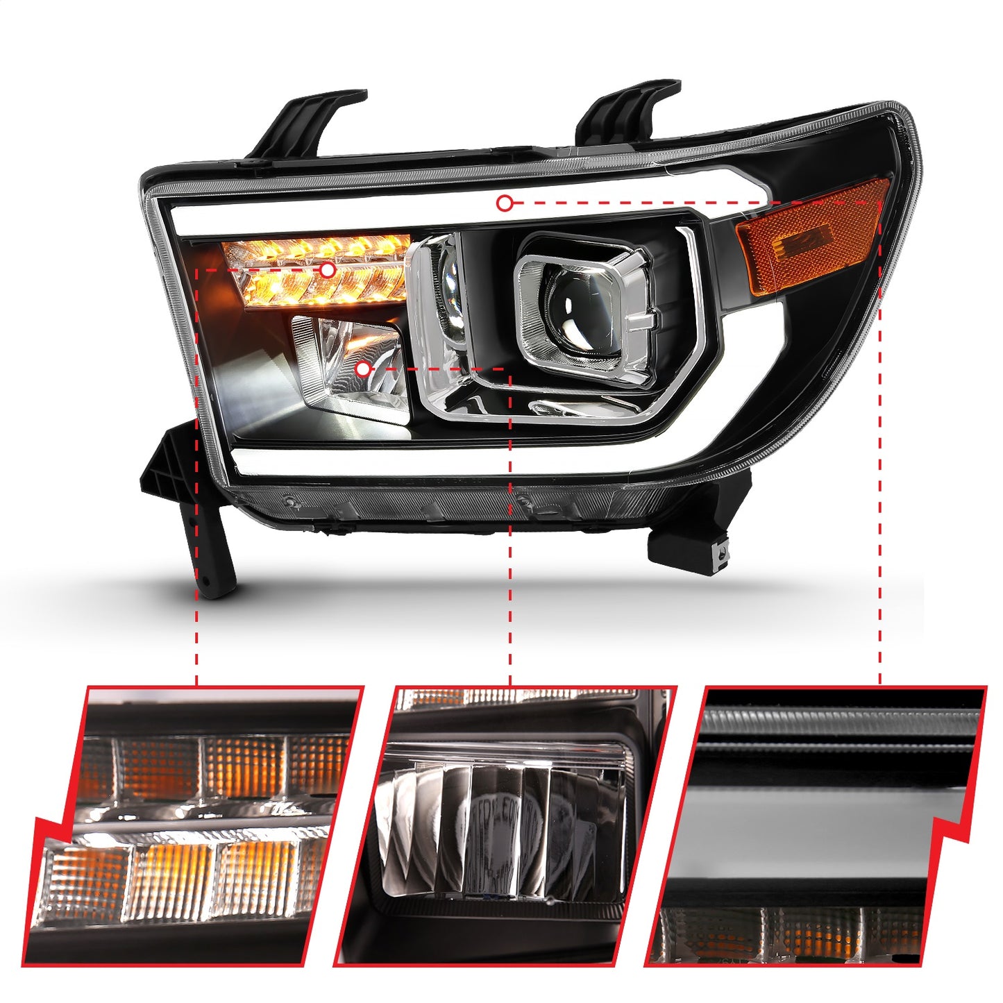 Anzo USA | Projector Headlight Set Light Bar H.L w/Black Amber Lens w/Halogen Bulb | Fits Tundra | 111447