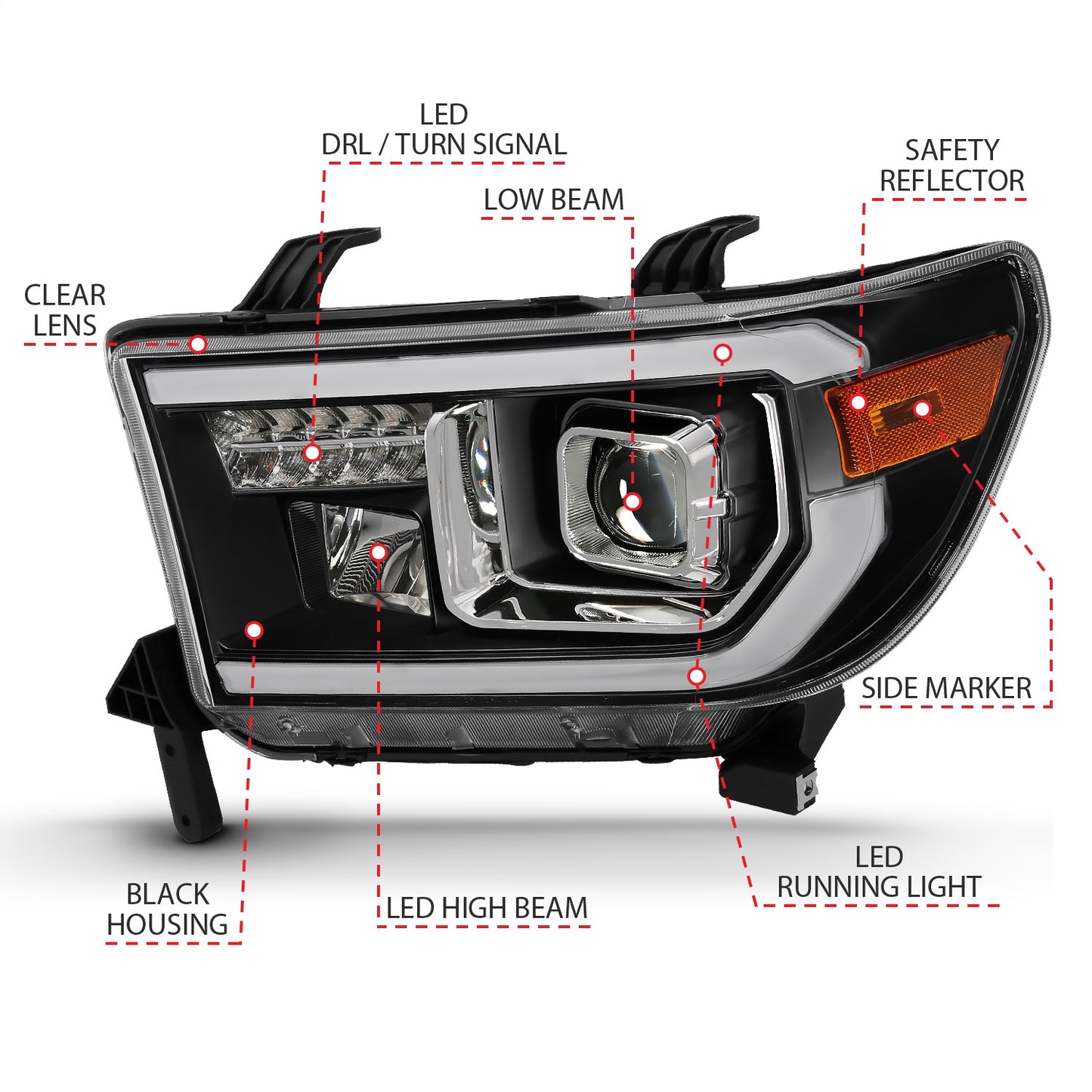 Anzo USA | Projector Headlight Set Light Bar H.L w/Black Amber Lens w/Halogen Bulb | Fits Tundra | 111447