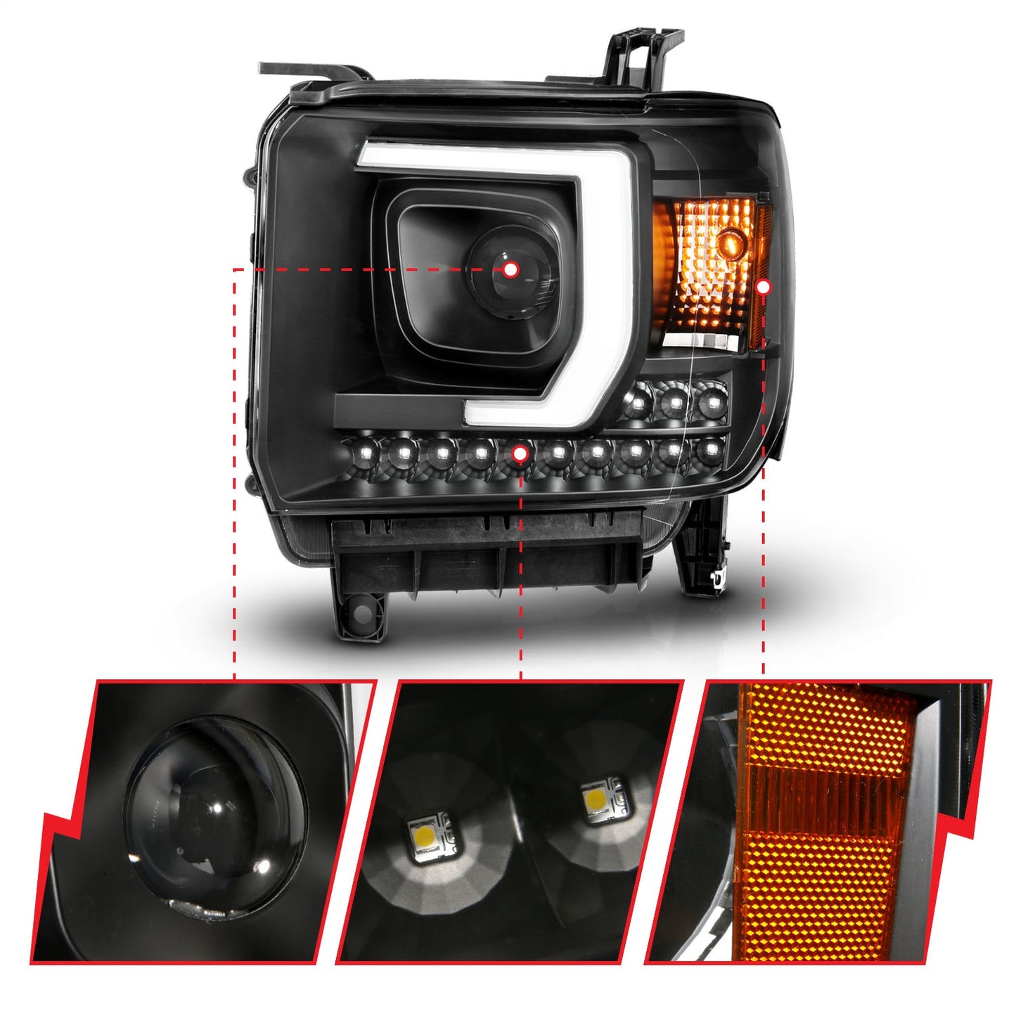 Anzo USA | Projector Headlight Set Plank Style Headlight Black w/DRL Pair | Fits Sierra 1500 | 111450