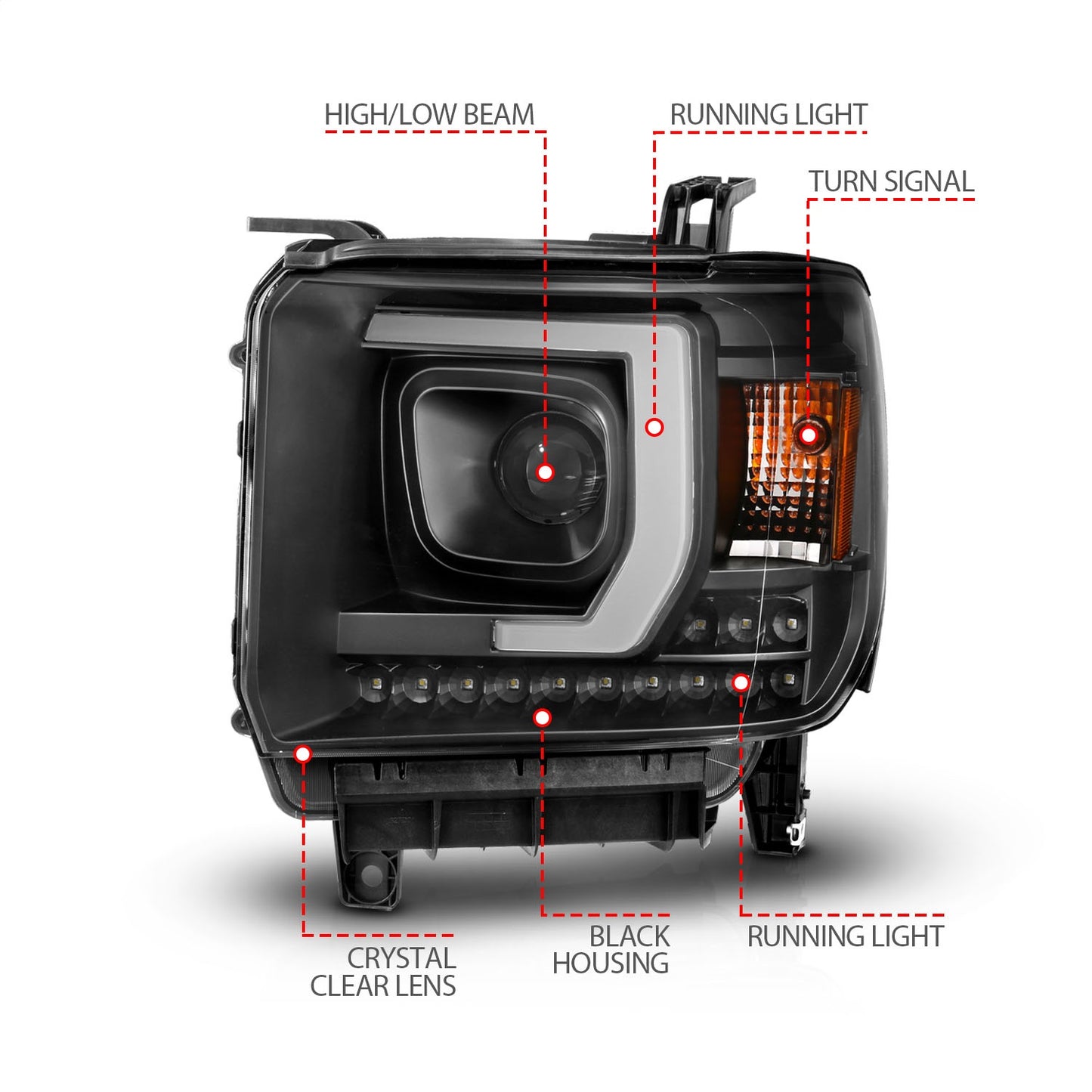 Anzo USA | Projector Headlight Set Plank Style Headlight Black w/DRL Pair | Fits Sierra 1500 | 111450