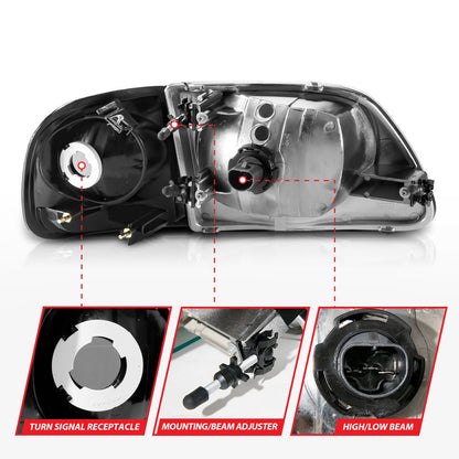 Anzo USA | Crystal Headlight Set Clear Lens Black Housing w/Parking Light Pair | Fits F-150 | 111460