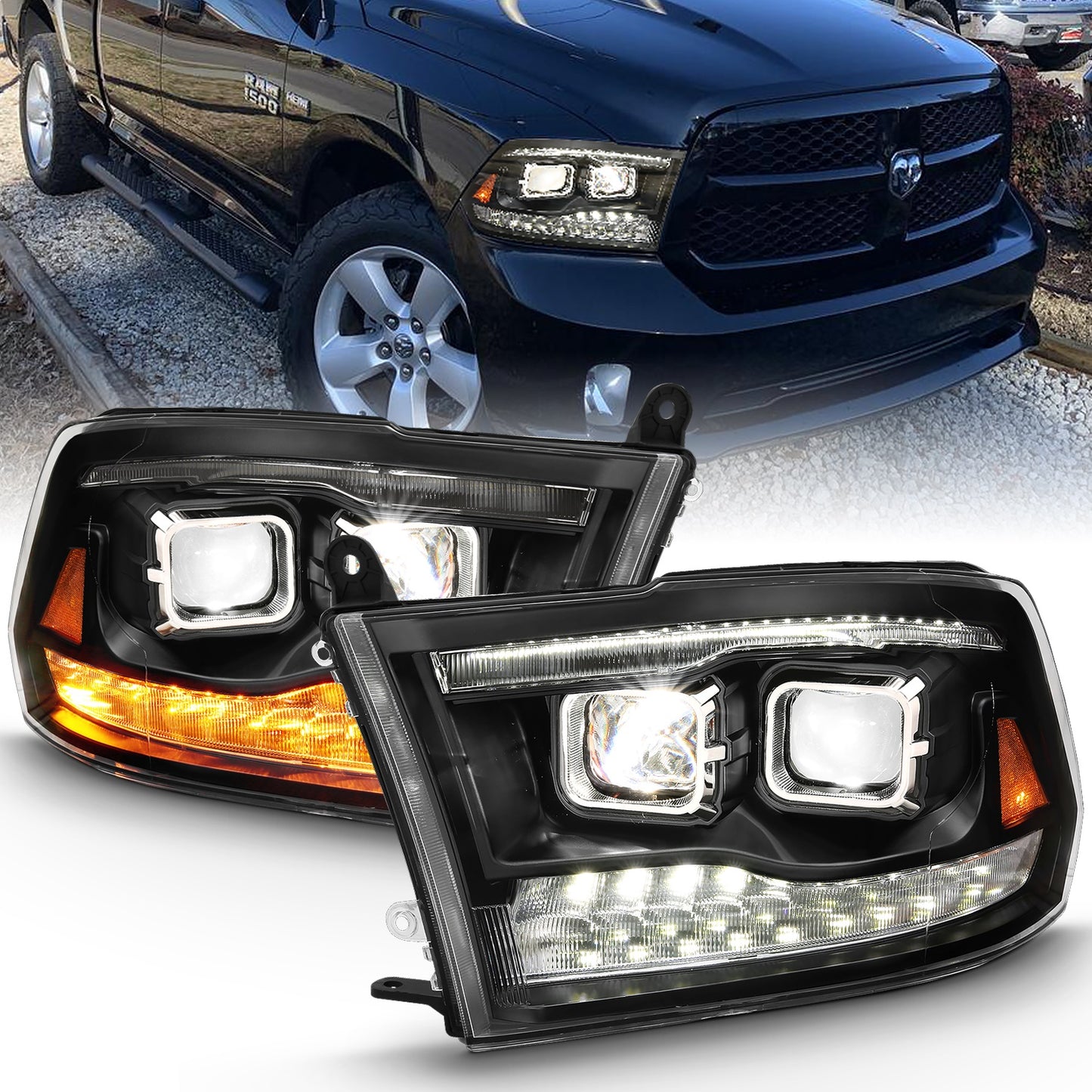 Anzo USA | LED Projector Headlight w/Plank Style Switchback Black w/Amber Pair | Fits Ram 1500 | 111464