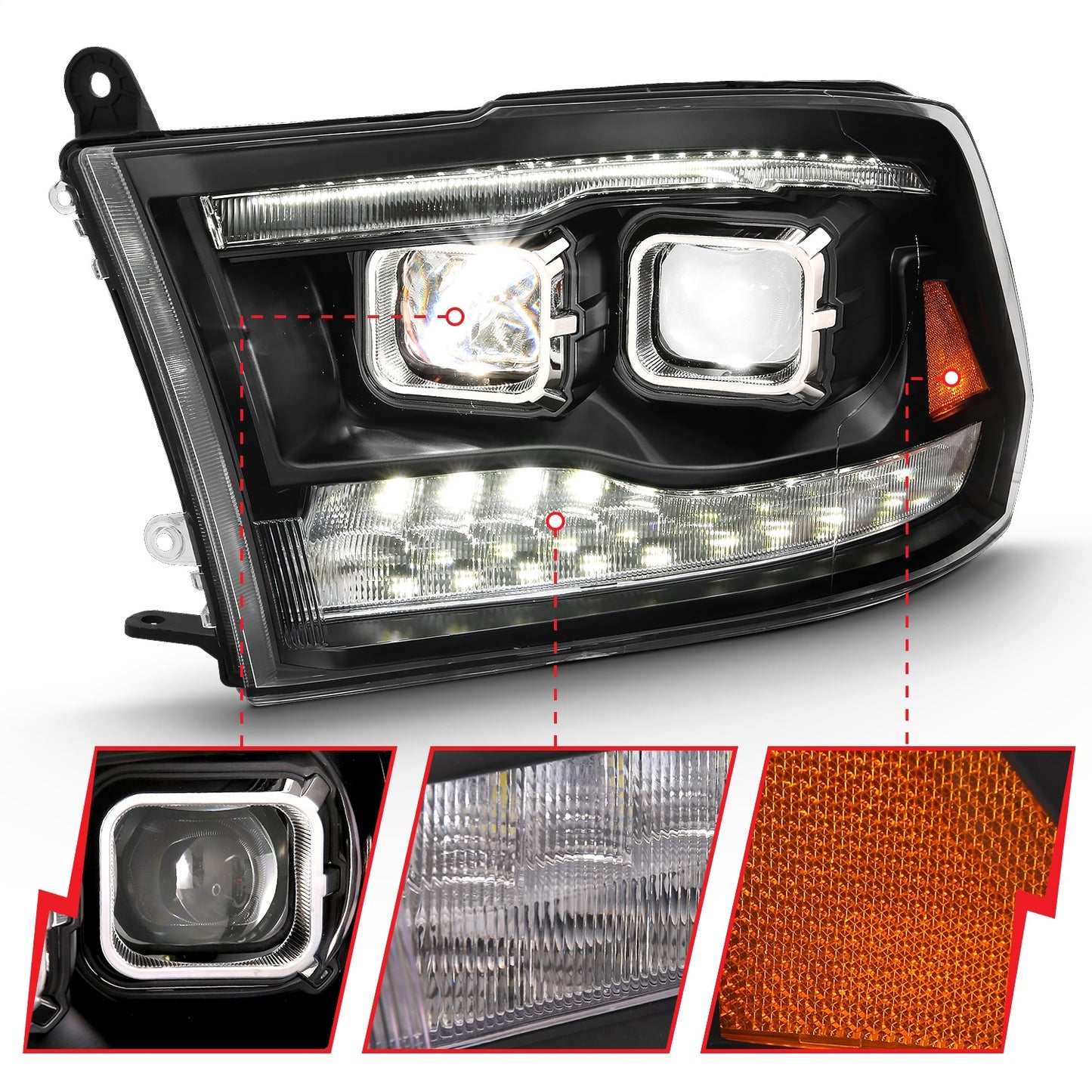 Anzo USA | LED Projector Headlight w/Plank Style Switchback Black w/Amber Pair | Fits Ram 1500 | 111464