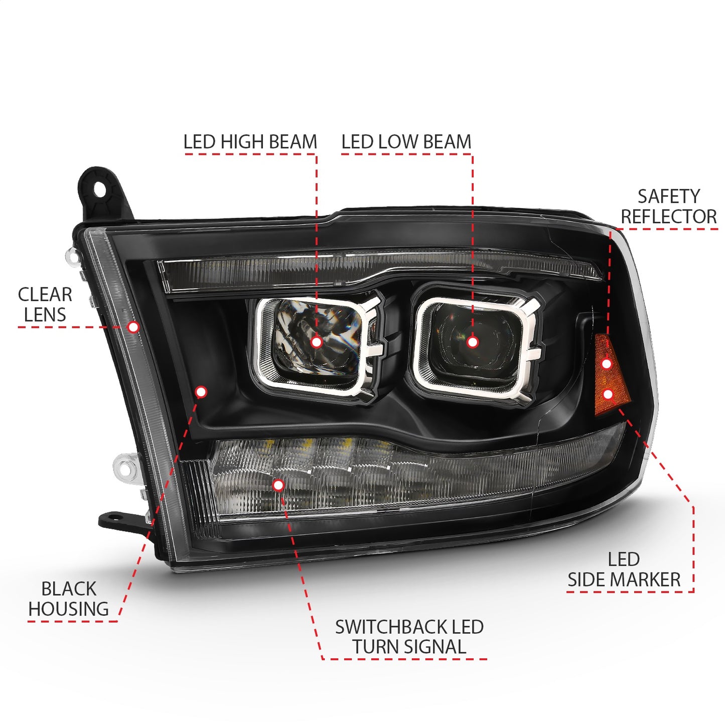 Anzo USA | LED Projector Headlight w/Plank Style Switchback Black w/Amber Pair | Fits Ram 1500 | 111464