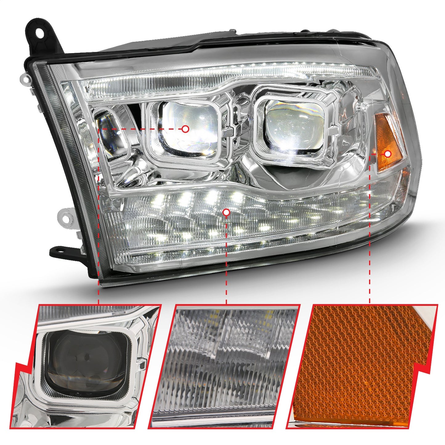 Anzo USA | LED Projector Headlight w/Plank Style Switchback Chrome w/Amber Pair | Fits Ram 1500 | 111465