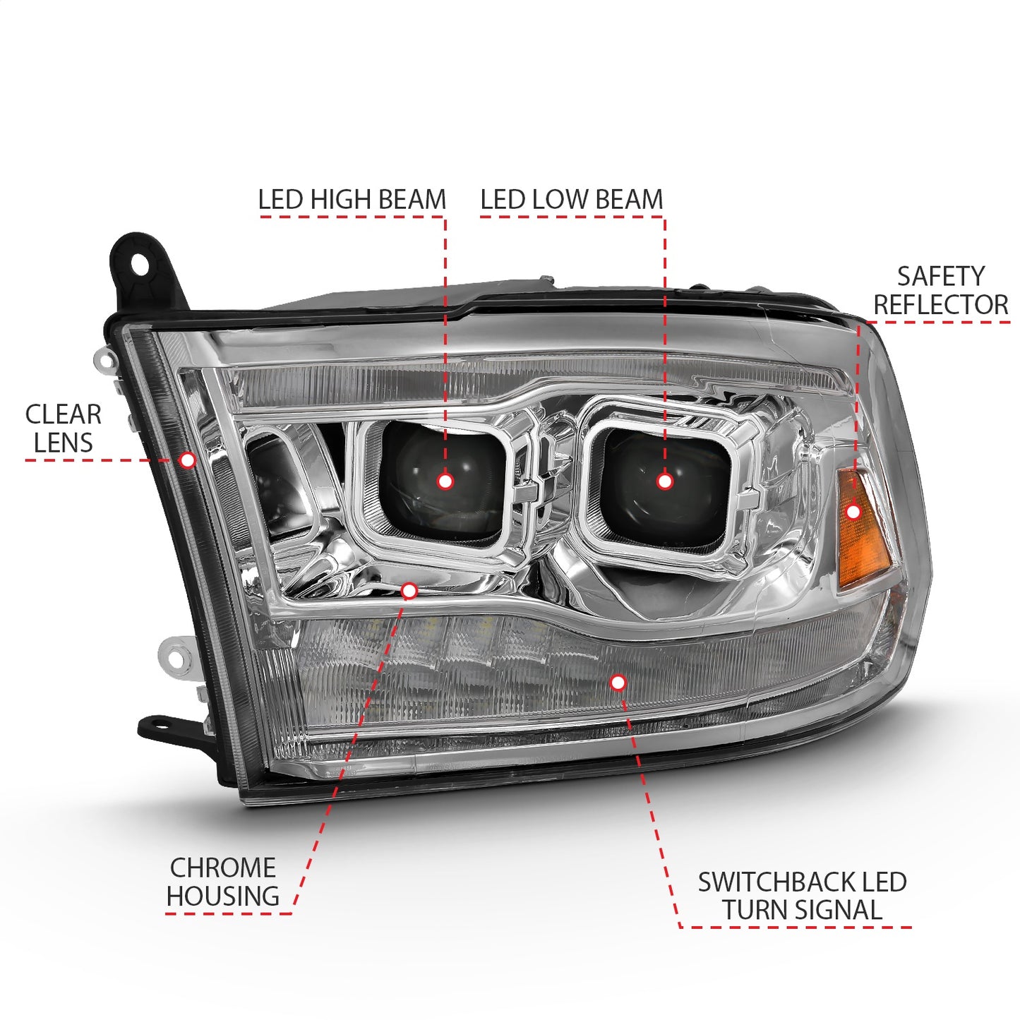 Anzo USA | LED Projector Headlight w/Plank Style Switchback Chrome w/Amber Pair | Fits Ram 1500 | 111465
