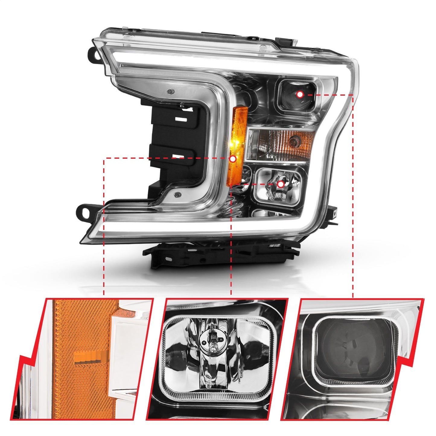 Anzo USA | Projector Headlight Set w/Halo w/Plank Style Chrome w/Amber Pair | Fits F-150 | 111468