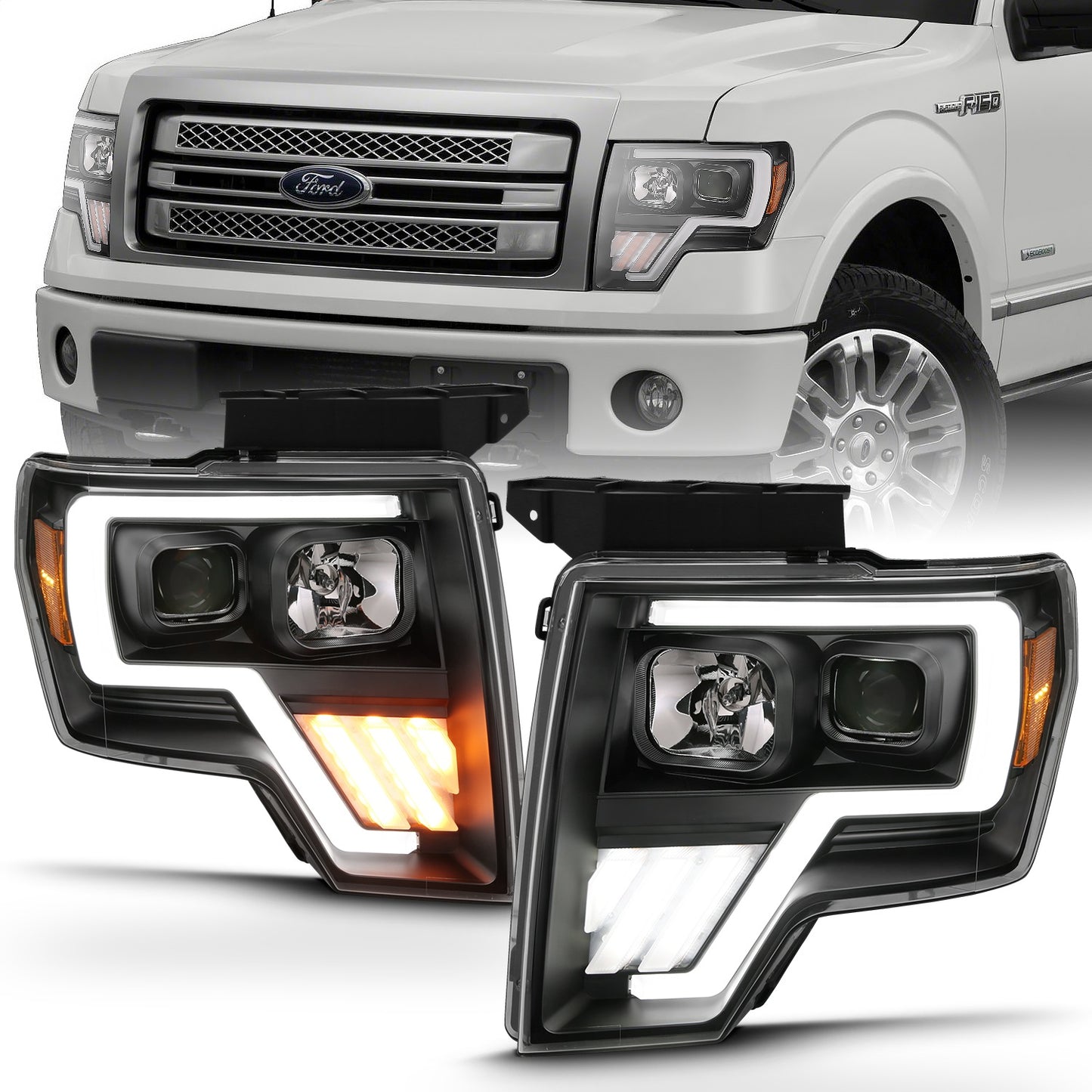 Anzo USA | Projector Headlight Set w/Halo w/Switchback G4 Black w/Amber Pair | Fits F-150 | 111469