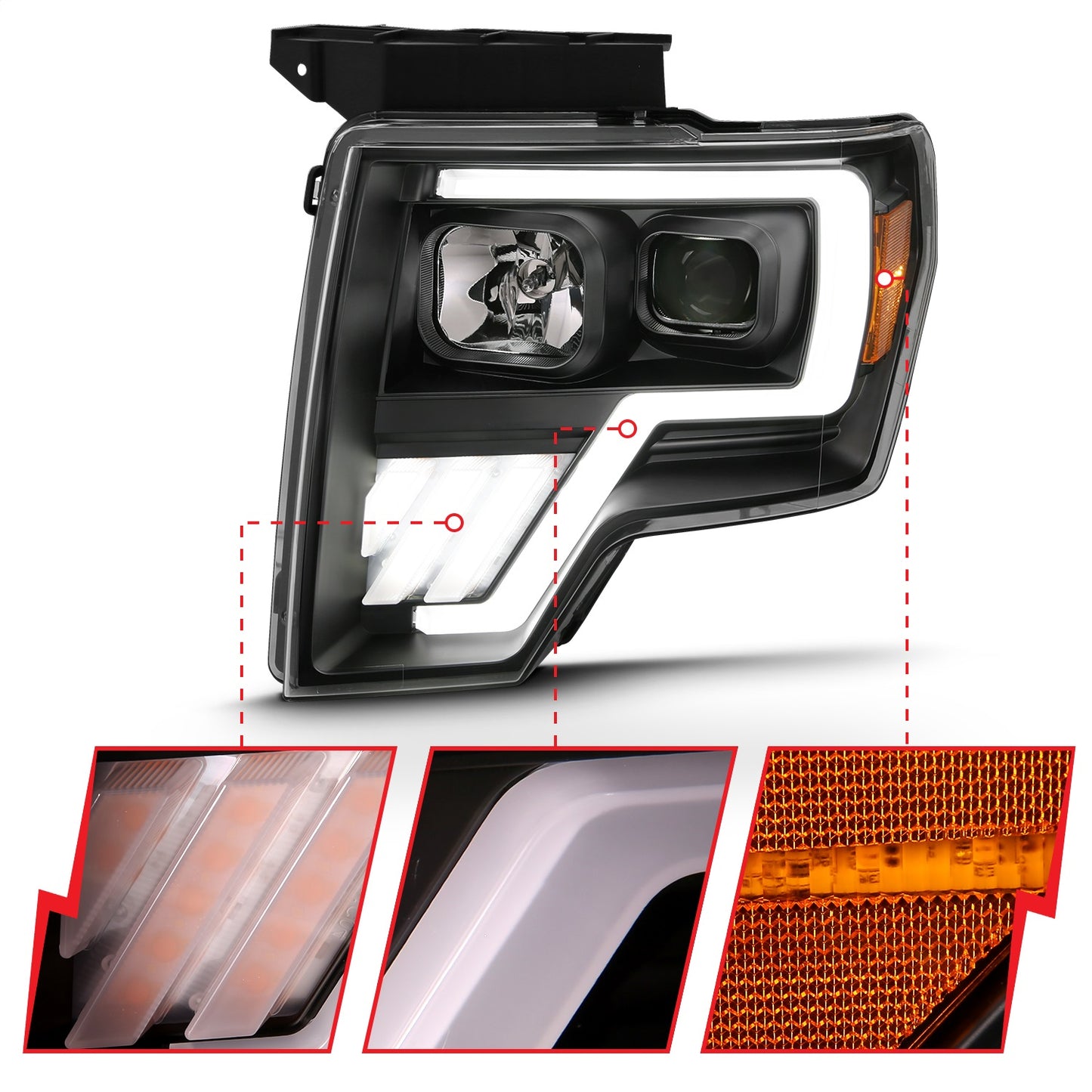 Anzo USA | Projector Headlight Set w/Halo w/Switchback G4 Black w/Amber Pair | Fits F-150 | 111469