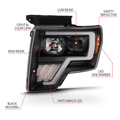 Anzo USA | Projector Headlight Set w/Halo w/Switchback G4 Black w/Amber Pair | Fits F-150 | 111469