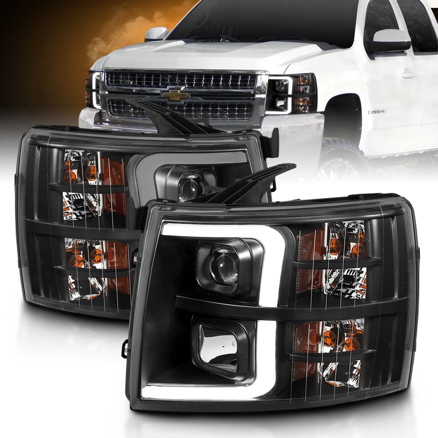 Anzo USA | Projector Headlight Set Clear Lens Black w/Amber Housing Pair w/Plank Style Design | Fits Silverado 1500 | 111480
