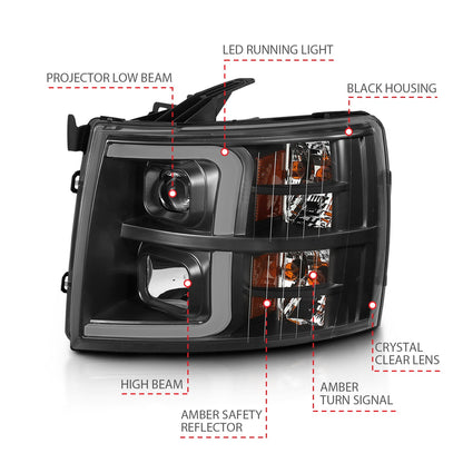Anzo USA | Projector Headlight Set Clear Lens Black w/Amber Housing Pair w/Plank Style Design | Fits Silverado 1500 | 111480