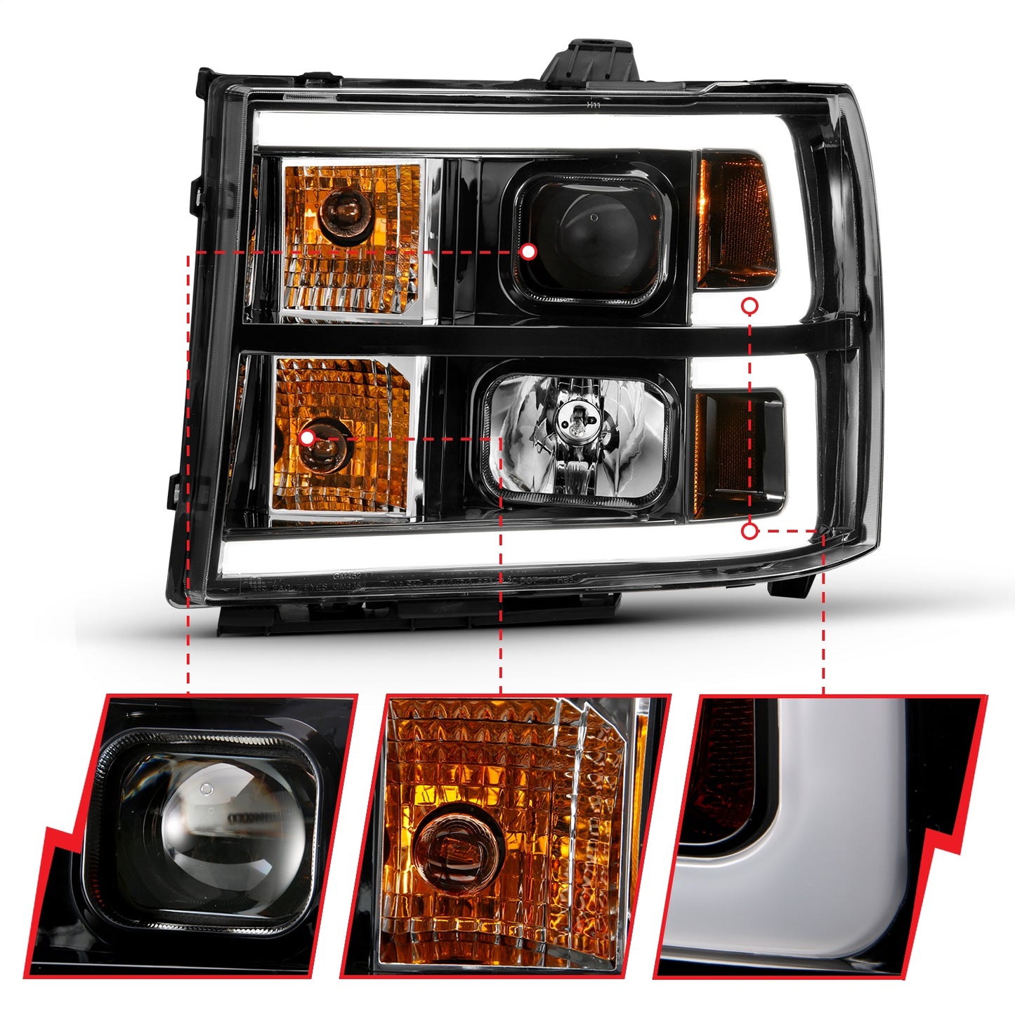 Anzo USA | Projector Headlight Set Clear Lens Black w/Amber Housing Pair w/Plank Style Design | Fits Sierra 1500 | 111482
