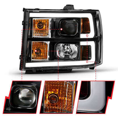 Anzo USA | Projector Headlight Set Clear Lens Black w/Amber Housing Pair w/Plank Style Design | Fits Sierra 1500 | 111482
