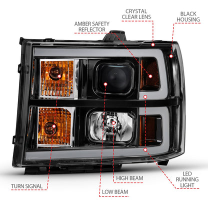 Anzo USA | Projector Headlight Set Clear Lens Black w/Amber Housing Pair w/Plank Style Design | Fits Sierra 1500 | 111482