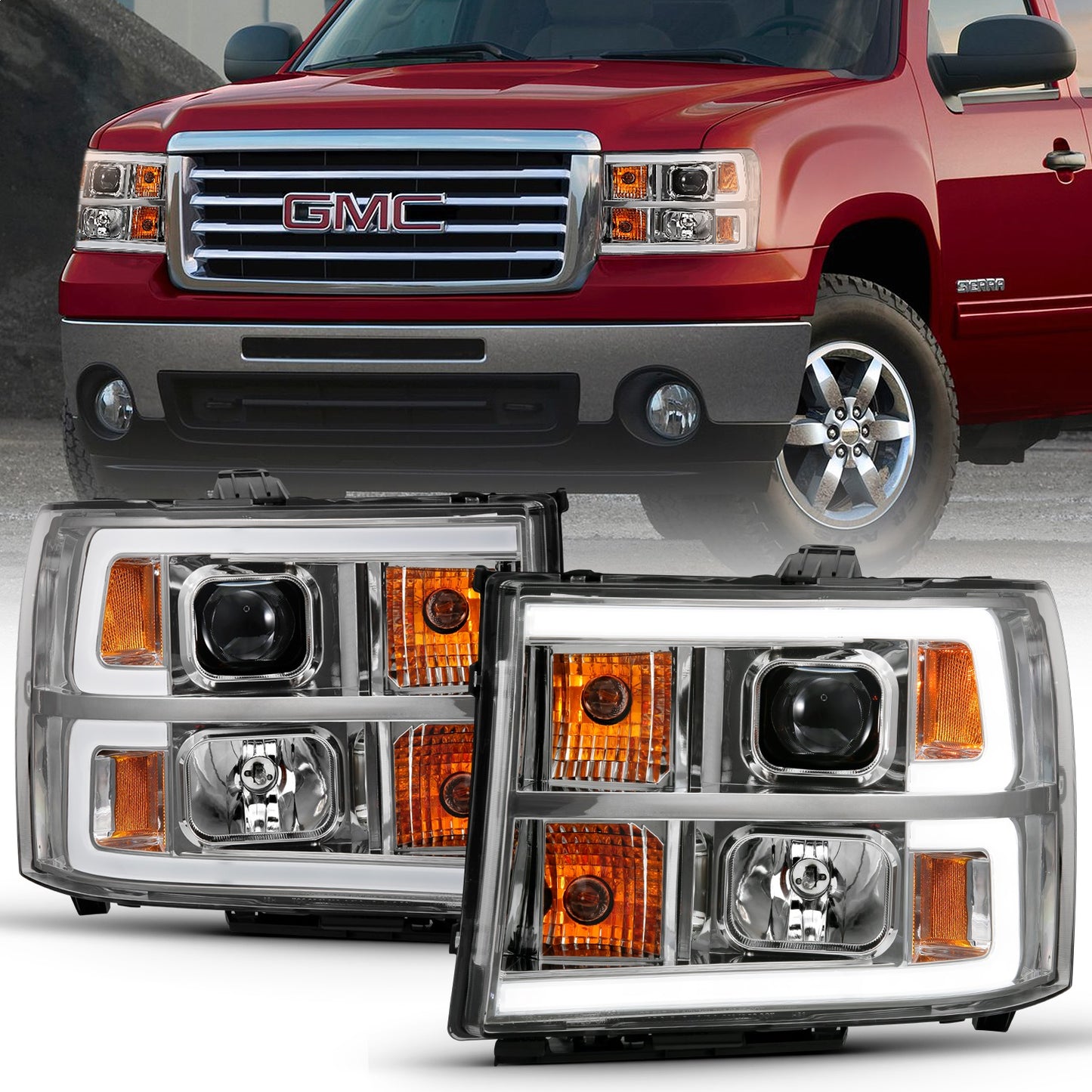Anzo USA | Projector Headlight Set Clear Lens Chrome w/Amber Housing Pair w/Plank Style Design | Fits Sierra 1500 | 111483