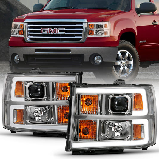 Anzo USA | Projector Headlight Set Clear Lens Chrome w/Amber Housing Pair w/Plank Style Design | Fits Sierra 1500 | 111483