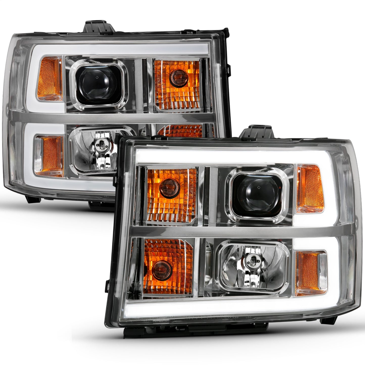 Anzo USA | Projector Headlight Set Clear Lens Chrome w/Amber Housing Pair w/Plank Style Design | Fits Sierra 1500 | 111483