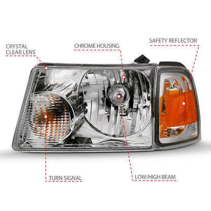 Anzo USA | Crystal Headlight Set Clear Lens Chrome Pair w/Corner Lights OE Replacement | Fits Ranger | 111484