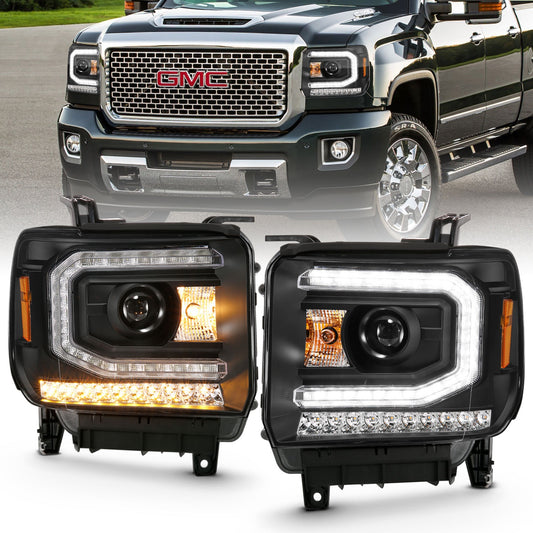 Anzo USA | Projector Headlight Set w/Plank Style Design Black w/Amber Sequential Turn Signal | Fits Sierra 1500 | 111485
