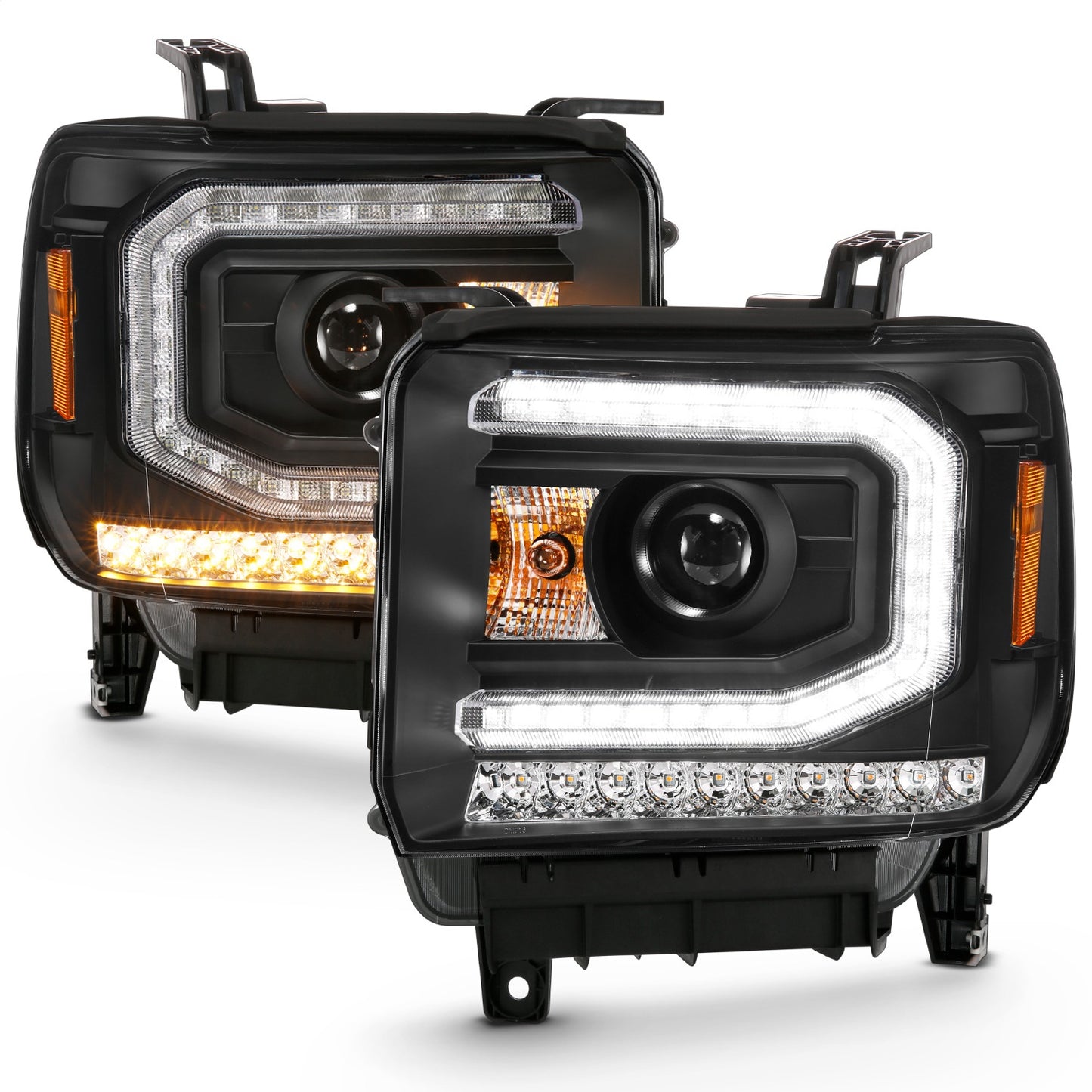 Anzo USA | Projector Headlight Set w/Plank Style Design Black w/Amber Sequential Turn Signal | Fits Sierra 1500 | 111485