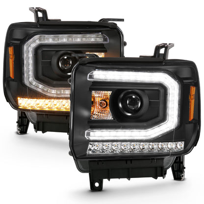 Anzo USA | Projector Headlight Set w/Plank Style Design Black w/Amber Sequential Turn Signal | Fits Sierra 1500 | 111485