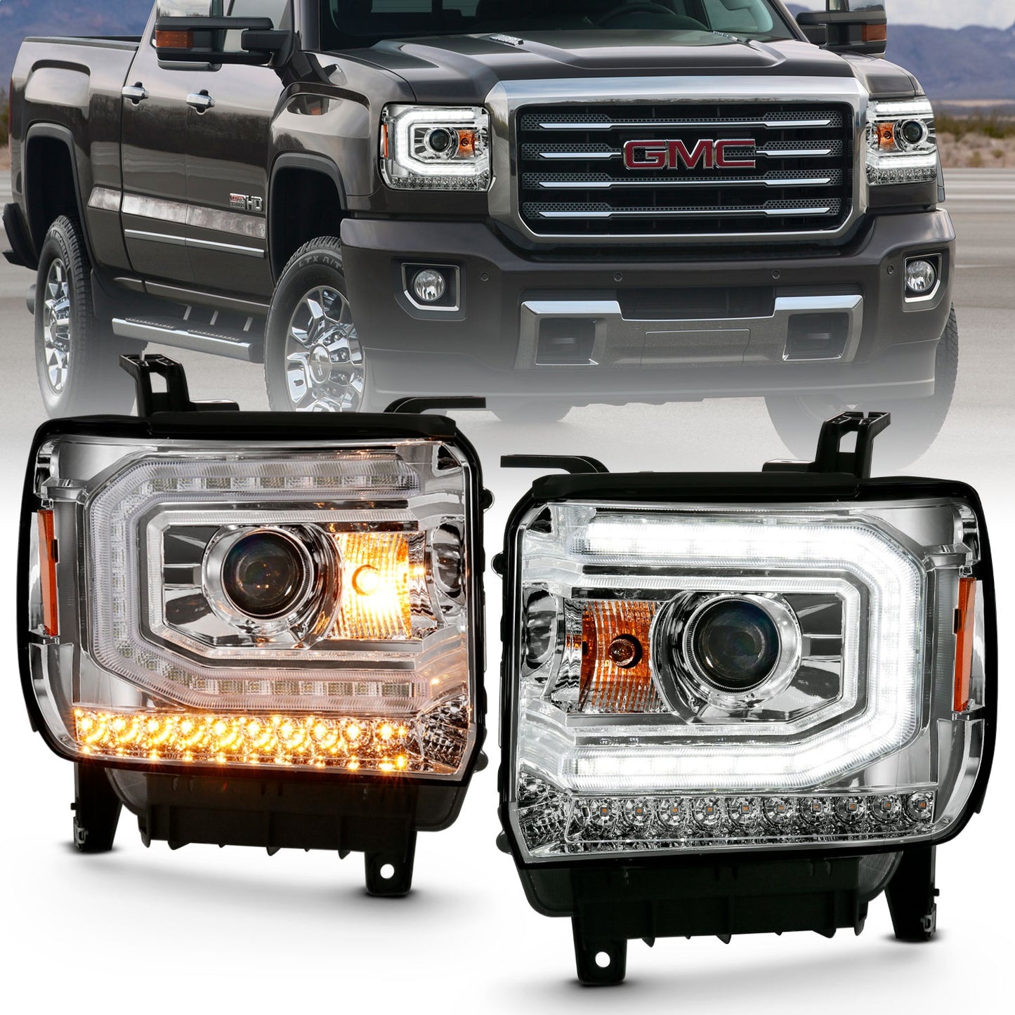 Anzo USA | Projector Headlight Set w/Plank Style Design Chrome w/Amber Sequential Turn Signal | Fits Sierra 1500 | 111486