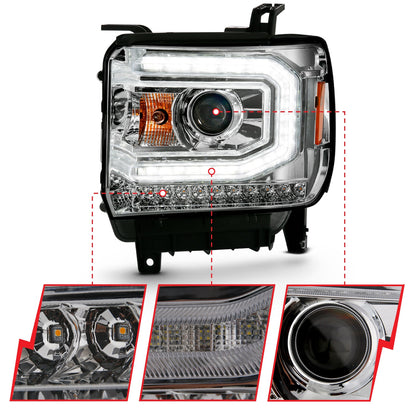 Anzo USA | Projector Headlight Set w/Plank Style Design Chrome w/Amber Sequential Turn Signal | Fits Sierra 1500 | 111486