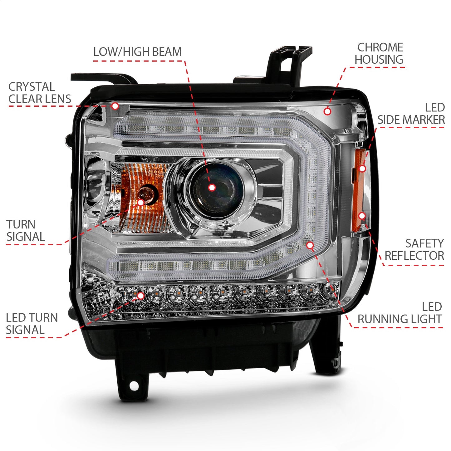 Anzo USA | Projector Headlight Set w/Plank Style Design Chrome w/Amber Sequential Turn Signal | Fits Sierra 1500 | 111486
