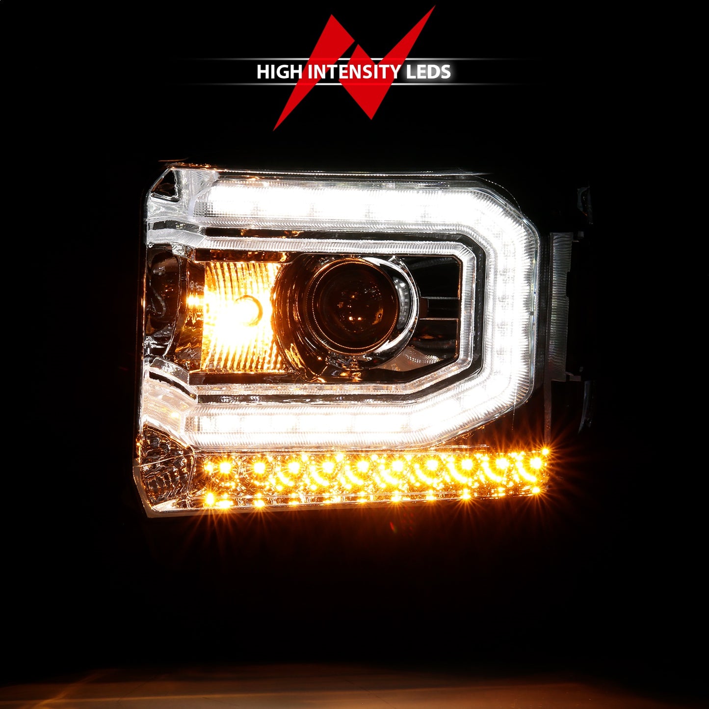 Anzo USA | Projector Headlight Set w/Plank Style Design Chrome w/Amber Sequential Turn Signal | Fits Sierra 1500 | 111486