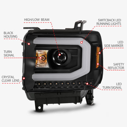 Anzo USA | Projector Headlight Set w/Plank Style Switchback Black Pair | Fits Sierra 1500 | 111487