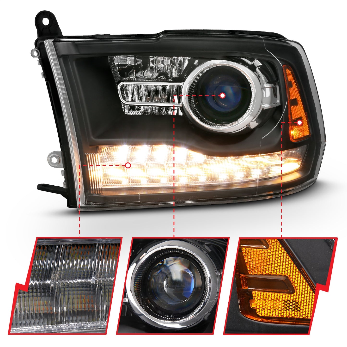 Anzo USA | Projector Headlight Set w/Halo w/Plank Style Switchback Matte Black Pair OE Style | Fits Ram 1500 | 111489