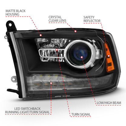 Anzo USA | Projector Headlight Set w/Halo w/Plank Style Switchback Matte Black Pair OE Style | Fits Ram 1500 | 111489