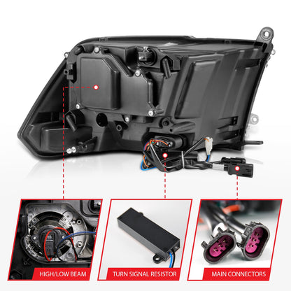 Anzo USA | Projector Headlight Set w/Halo w/Plank Style Switchback Matte Black Pair OE Style | Fits Ram 1500 | 111489