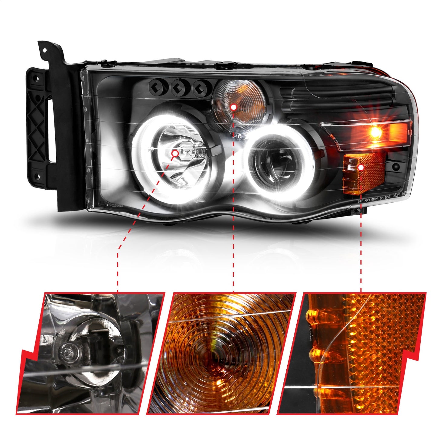 Anzo USA | Projector Headlight Set w/Halo Clear/Amber Lens Black Pair | Fits Ram 1500 | 111490